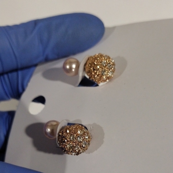 Pearl & Gold Textured Stud Earrings – Double-Sided Statement Jewelry For Women - Picture 3 of 7